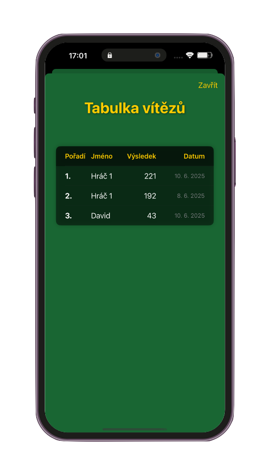 Screenshot zápisu skóre